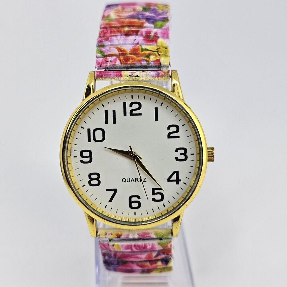 38MM Women's Watch White Dial Flowers Expandable Bracelet Band 6" New Battery